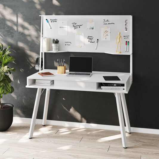 Multi-Purpose White Desk with Magnetic Whiteboard & Storage Shelf