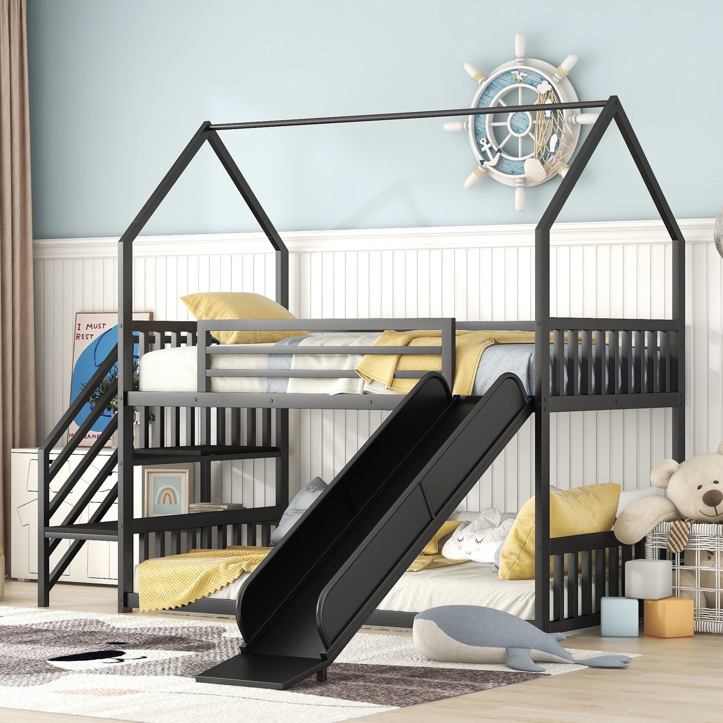 Kids Black Metal Twin Bunk Bed House with Slide and Storage Staircase