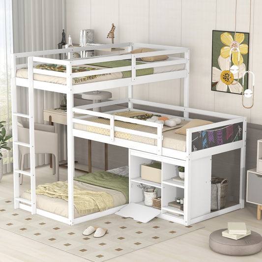 L-Shaped Triple Bunk Bed with Storage Cabinet, Blackboard, and White Finish - Innovative Space-Saving Solution