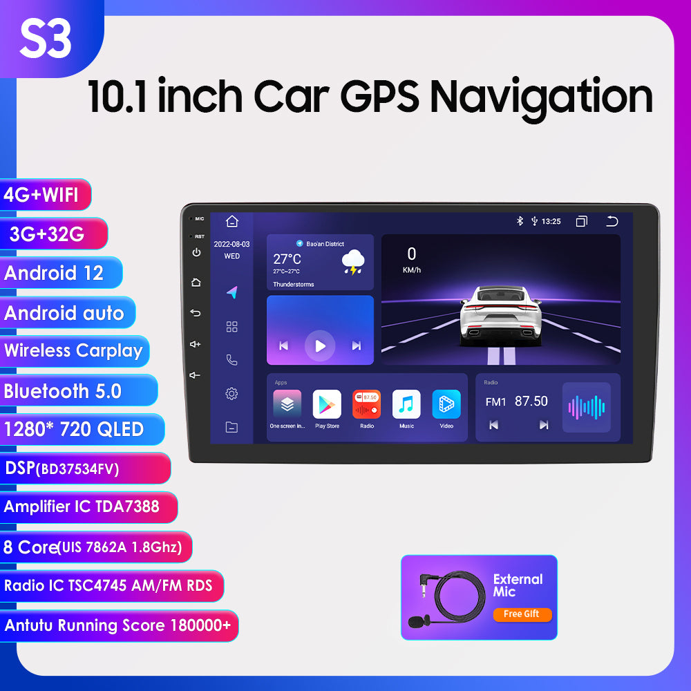 3S Series 10.1 inch Touchscreen Android 12 Car GPS Navigation Stereo With Enhanced Connectivity and Audio Experience