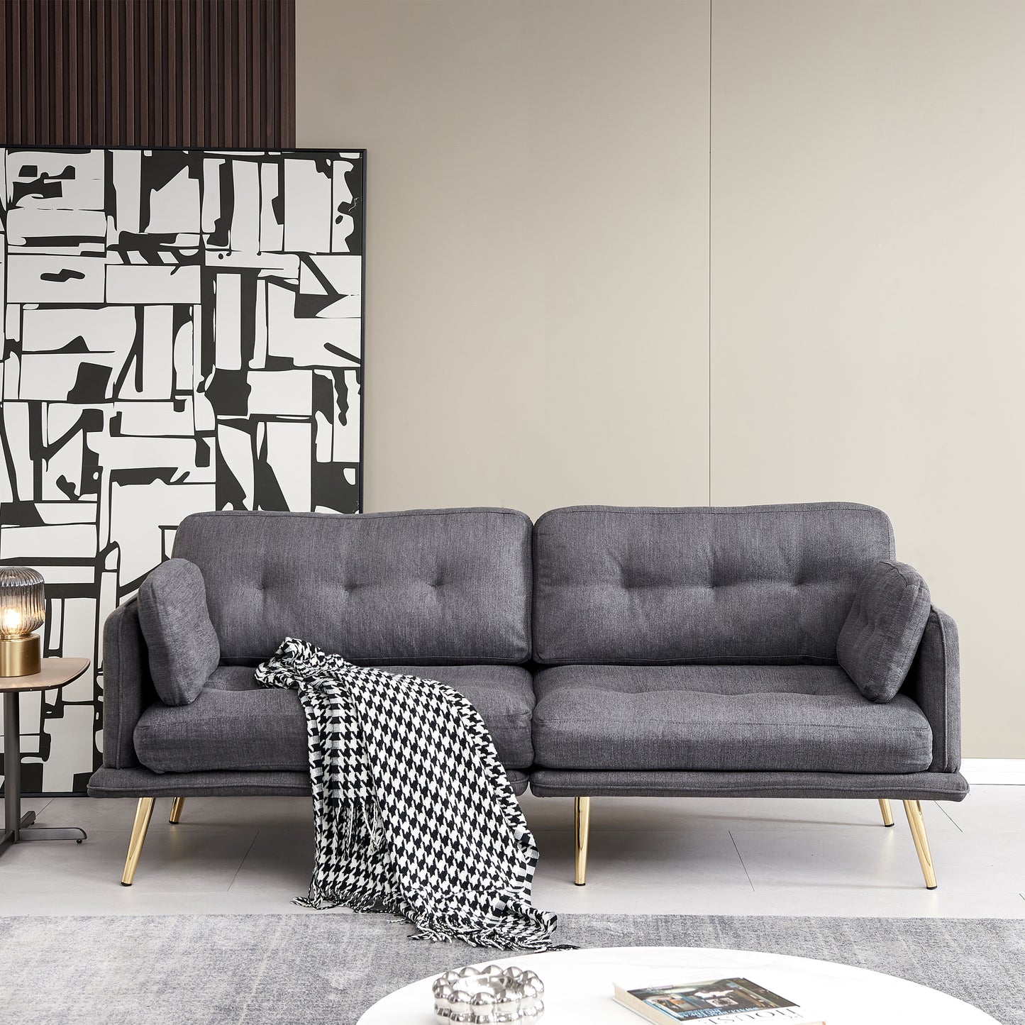 Elegant Dark Grey 3-Seat Sofa with Gold Metal Legs