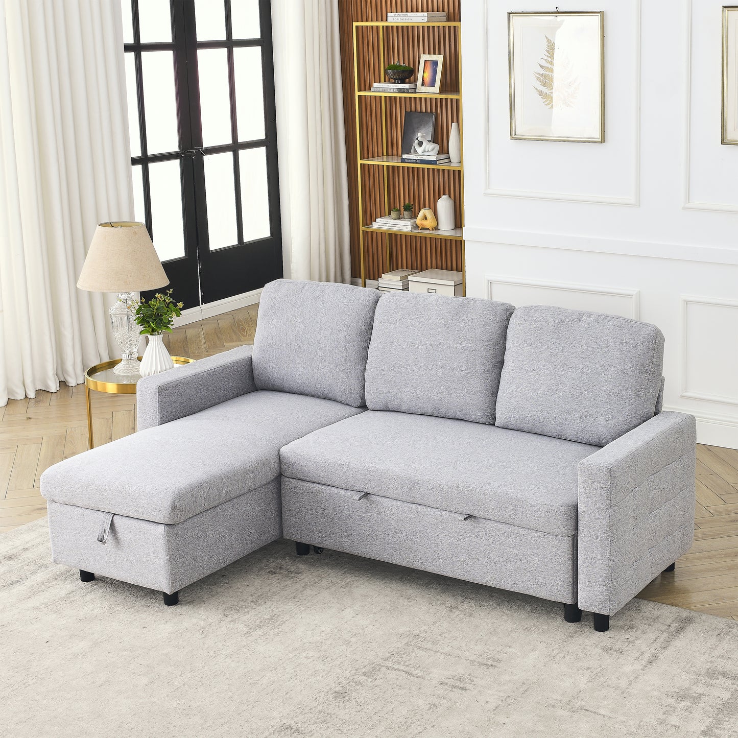 FX 78.8" Reversible Sleeper Combo Sofa with Pullout Bed, Comfortable Linen L-Shaped Combo Sofa Sofa Bed, Living Room Furniture Sets for Tight Spaces