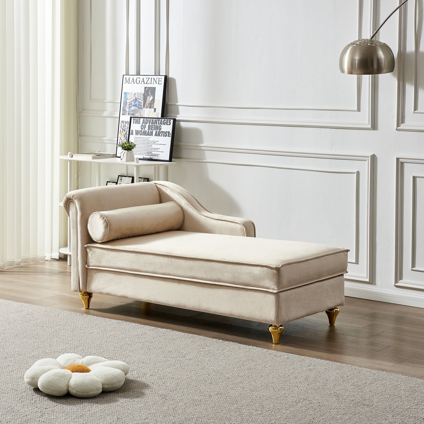 Modern Upholstery Chaise Lounge Chair with Storage Velvet (Beige)