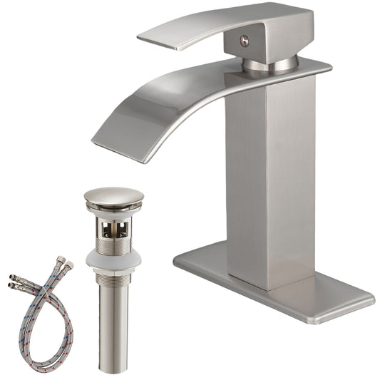 Brushed Nickel Waterfall Bathroom Faucet With Single-Handle Operation