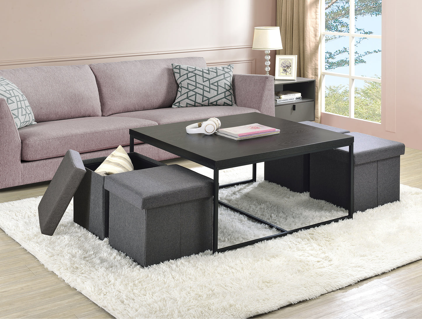 Elegant Black Wood Grain 5 Piece Coffee Table Set with Storage Stools