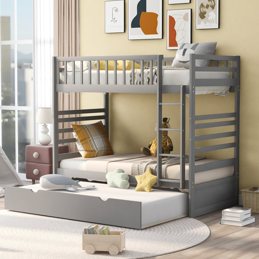 Pine Wood Kids Twin Bunk Bed Set with Trundle and Safety Features