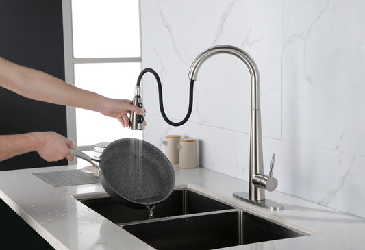 Commercial-Grade Stainless Steel Kitchen Faucet with Pull Down Sprayer and High Arc Handle