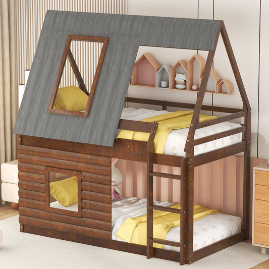 Cozy Rustic Oak and Smoky Grey House Bunk Bed with Roof, Ladder, and Windows for Kids