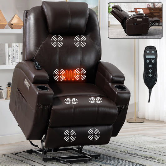 350lbs Okin Motor Power Lift Recliner Chair with Massage and Heating, Cup Holders and USB Charge Port - Brown