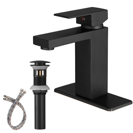 Matte Black Single-Handle Low-Arc Bathroom Faucet with Pop-Up Drain