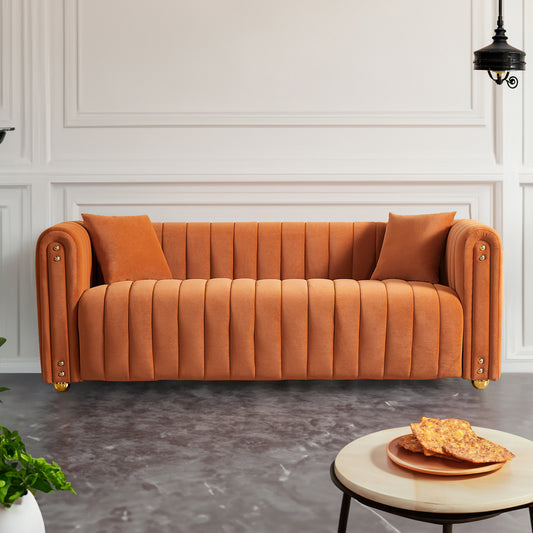 Comfortable 79.92 Orange Velvet Sofa with Vertical Channel Tufting