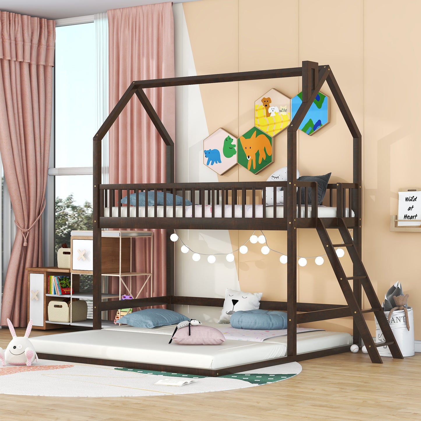 Twin House Bunk Bed with Trundle and Ladder - Artistic Sleepover Haven