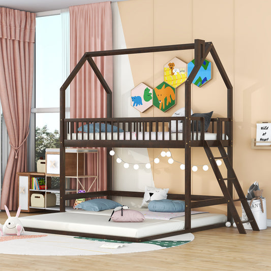 Twin House Bunk Bed with Trundle and Ladder - Artistic Sleepover Haven