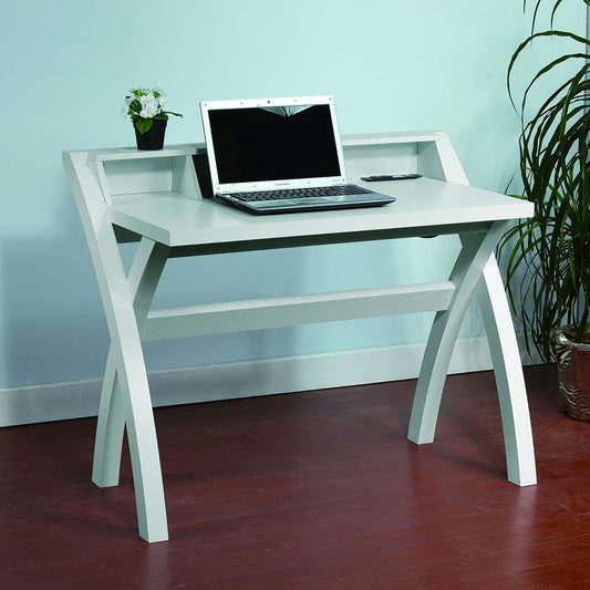 White Computer Workstation Desk with USB Ports and Open Shelves