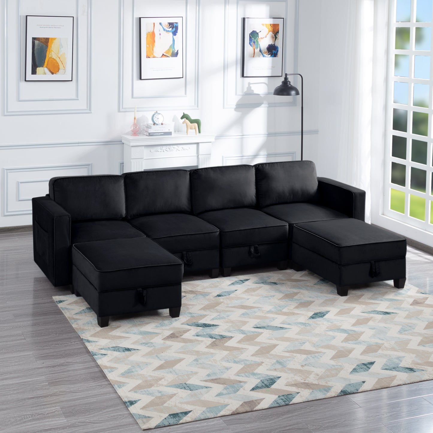 Black Velvet Symmetrical Modular Sectional Sofa with Ottoman - 116'' Square Arm (W223S00399)