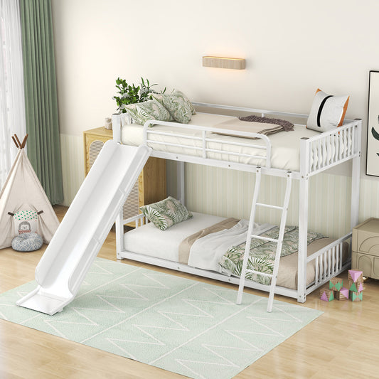 White Metal Twin Bunk Bed with Slide - Perfect Pick for Siblings or Sleepovers