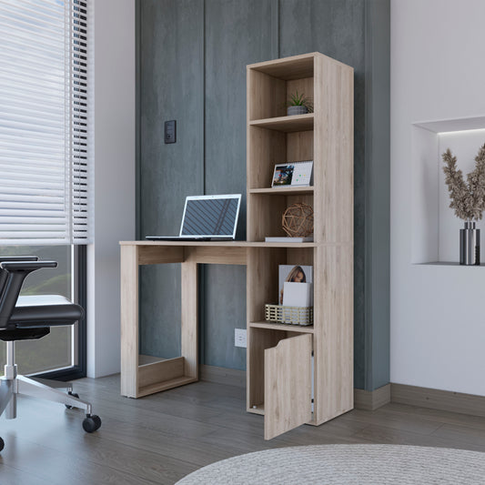 Gray Computer Desk with Bookcase, Single Door Cabinet, and 4-Tier Shelf