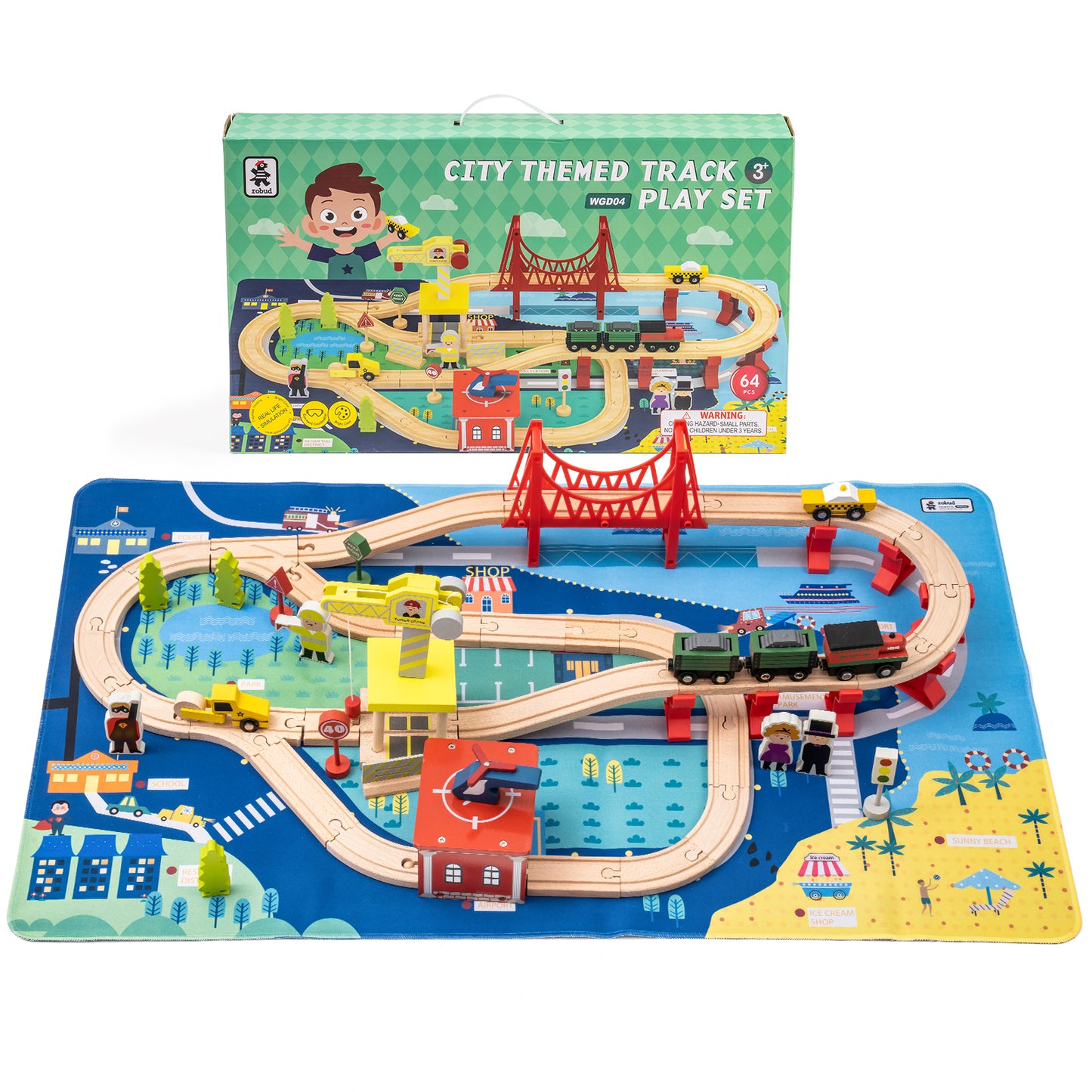 Wooden Train Set with Magnetic Trains and Mat - 64 pcs Accessories