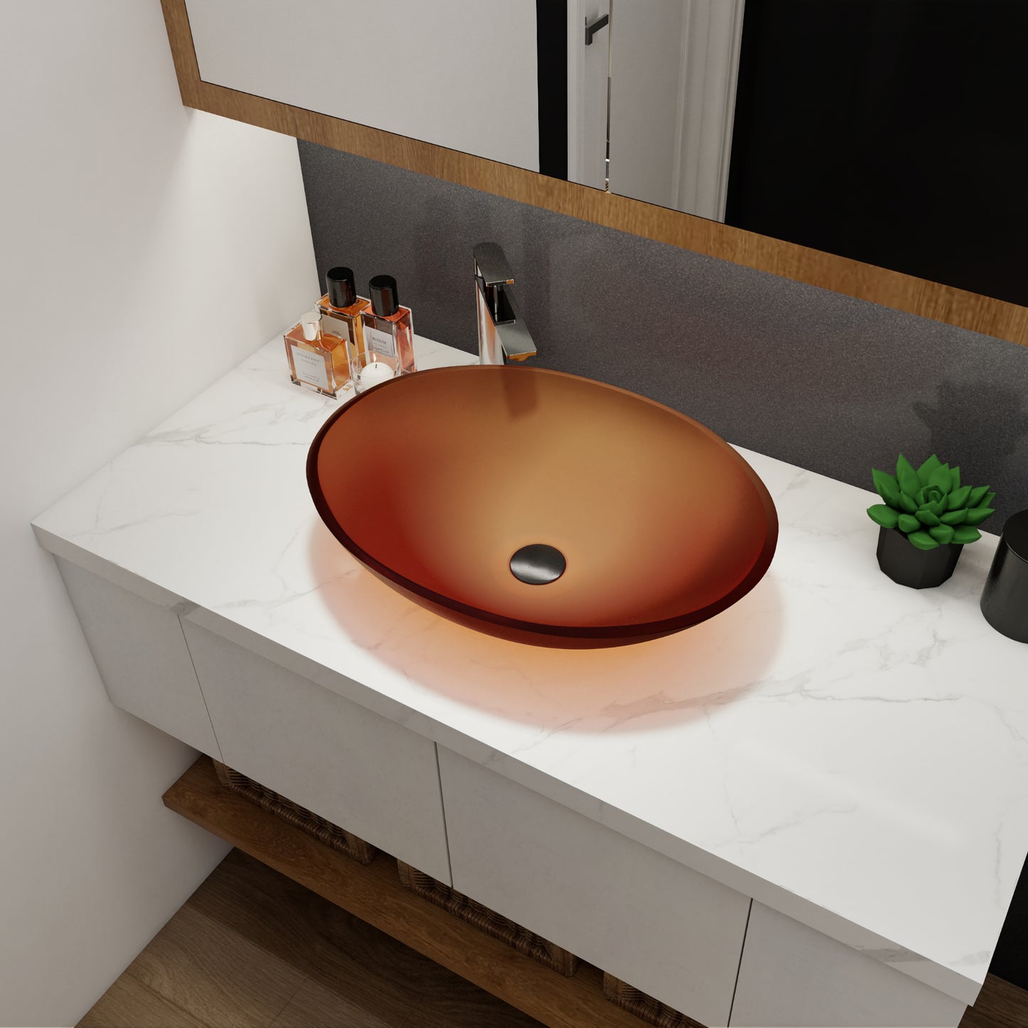 Tempered Glass Matte Bathroom Vessel Sink, Oval Bathroom Basin (Tempered Glass Matt Tea)