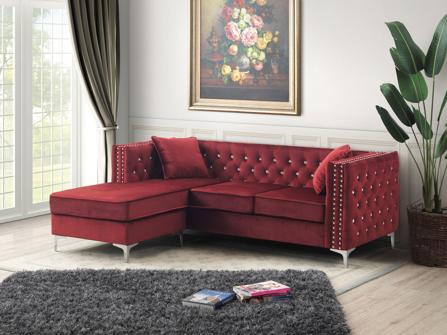 Plush Burgundy Velvet Sofa Chaise with Faux Jewel Tufting