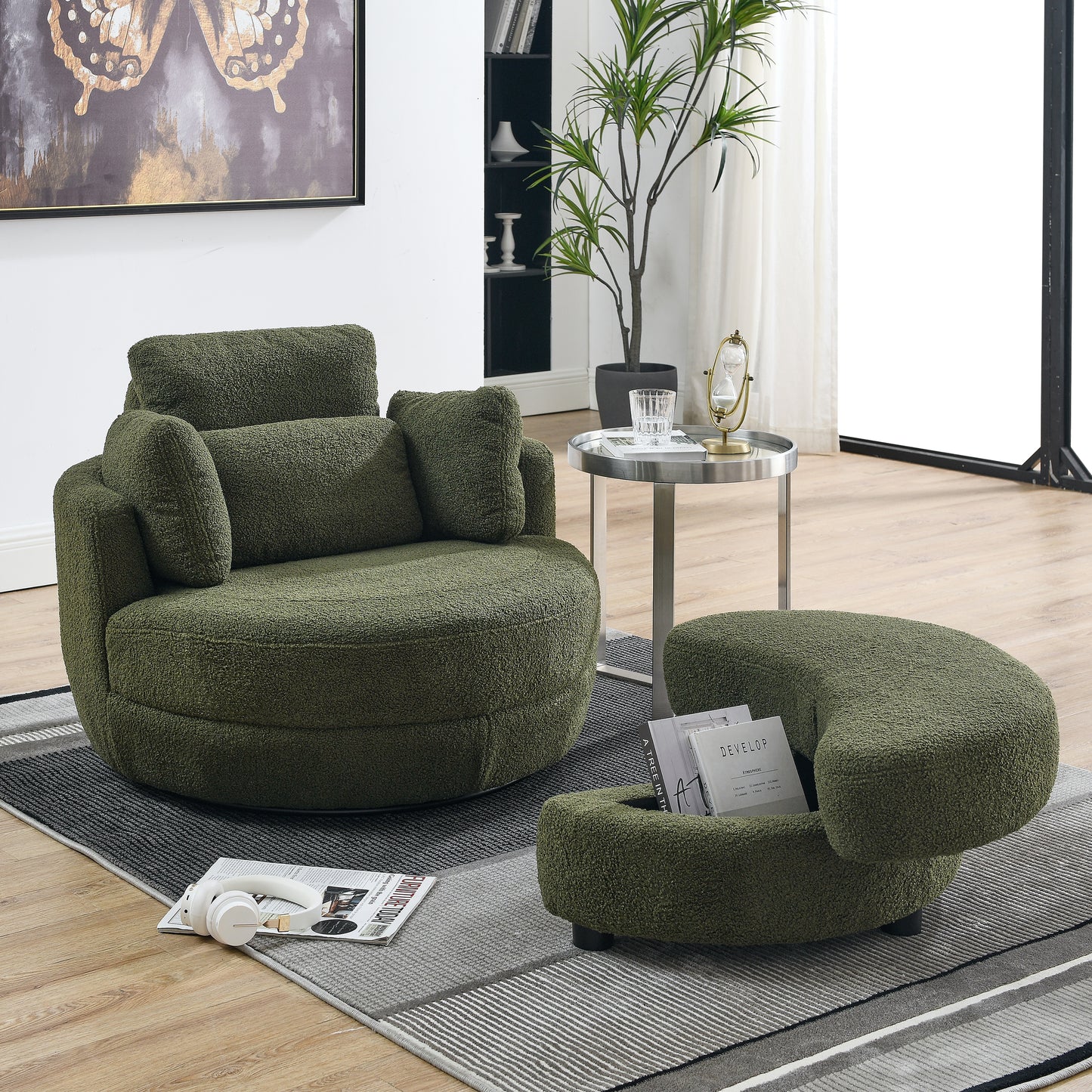 Oversized Swivel Chair with Ottoman and Pillows