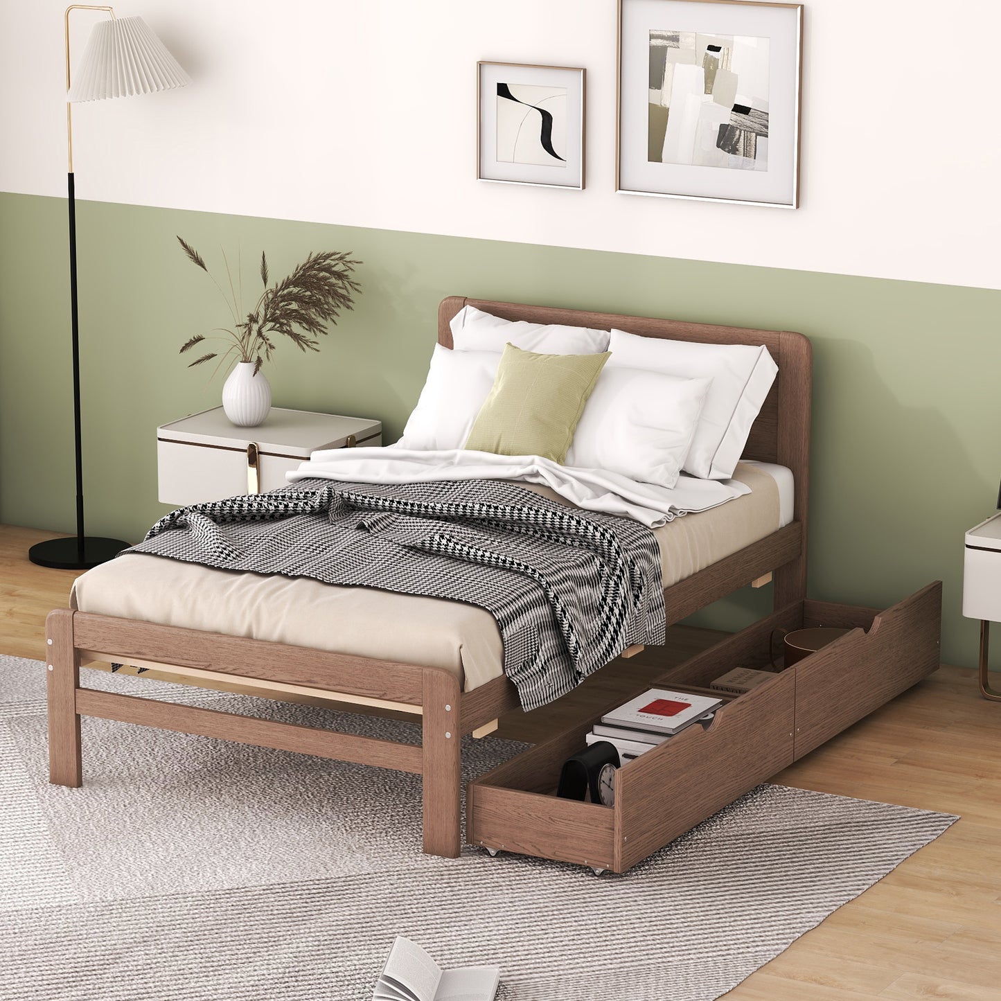 Modern Design Twin Size Platform Bed Frame with 2 Drawers for Walnut Color