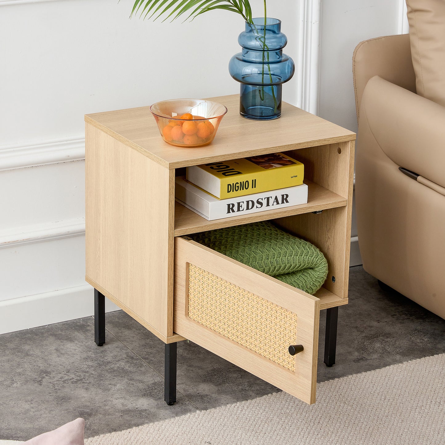 Modern simple storage cabinet MDF Board bedside cabinet Japanese rattan bedside cabinet Small household furniture bedside table.Applicable to dressing table in bedroom, porch, living room.2 Drawers