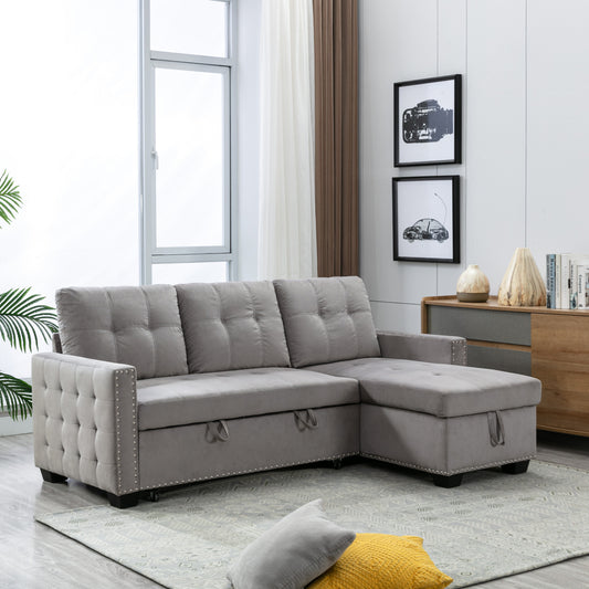 77 Inch Light Grey Reversible Sectional Sleeper Sofa Bed with Storage Chaise