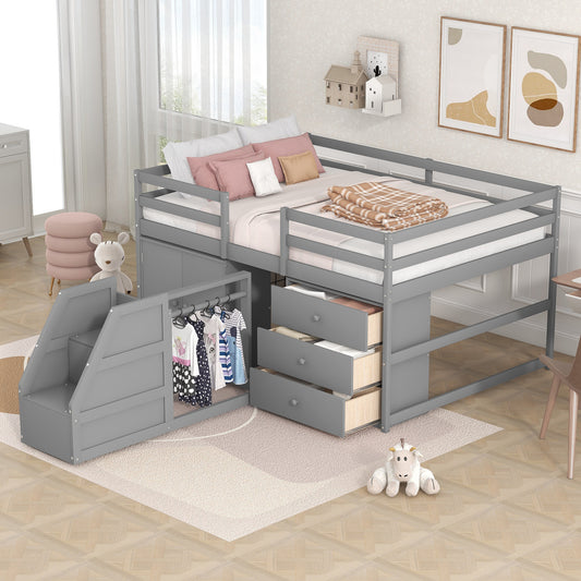 Full Size Functional Loft Bed with Cabinets and Drawers, Hanging Clothes at the back of the Staircase, Gray