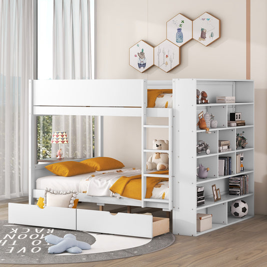 White Full over Full Bunk Bed with Bonus Storage and Multi-layer Cabinet