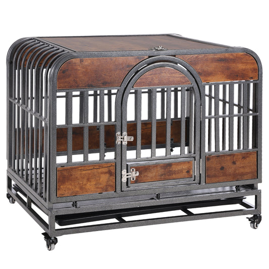 37in Heavy Duty Dog Crate, Furniture Style Dog Crate with Removable Trays and Wheels for High Anxiety Dogs