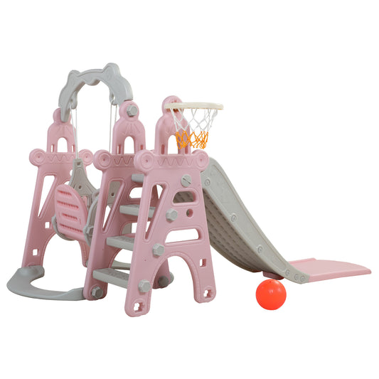 3-in-1 Kids Slide and Swing Set with Basketball Hoop, Indoor and Outdoor Activity Center in Pink and Gray