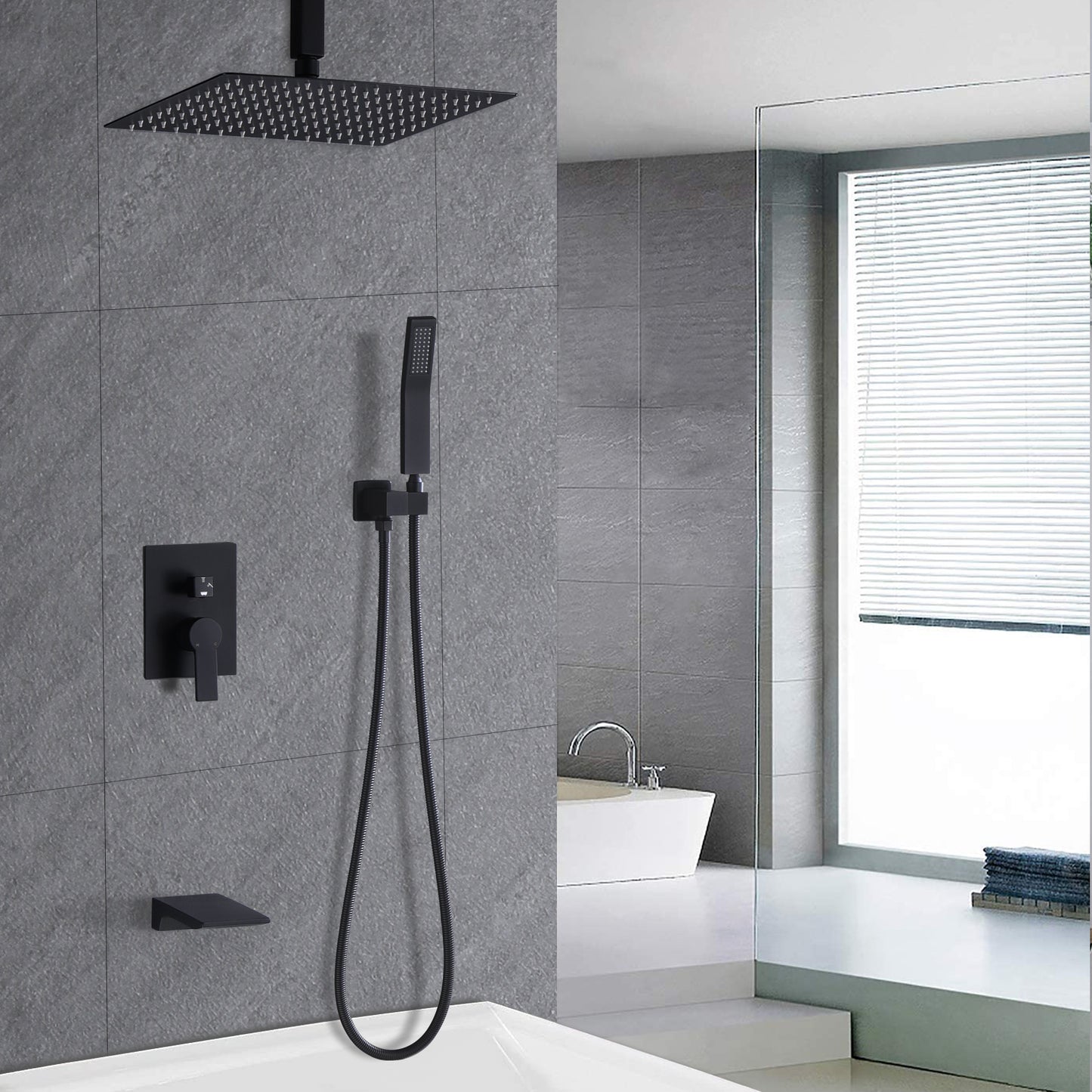 Shower System with 12 Rain Shower Head, Waterfall Tub Spout, and Handheld Shower