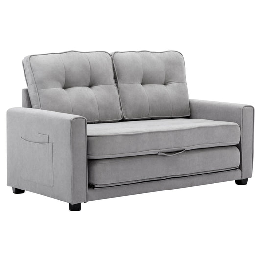 Multifunctional Grey Loveseat Sofa with Pull-Out Bed and Storage Pockets - Modern Upholstered Couch for Living Room and Office