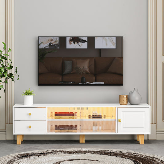 White Entertainment Stand with LED Light, Sliding Door, and Storage Drawers