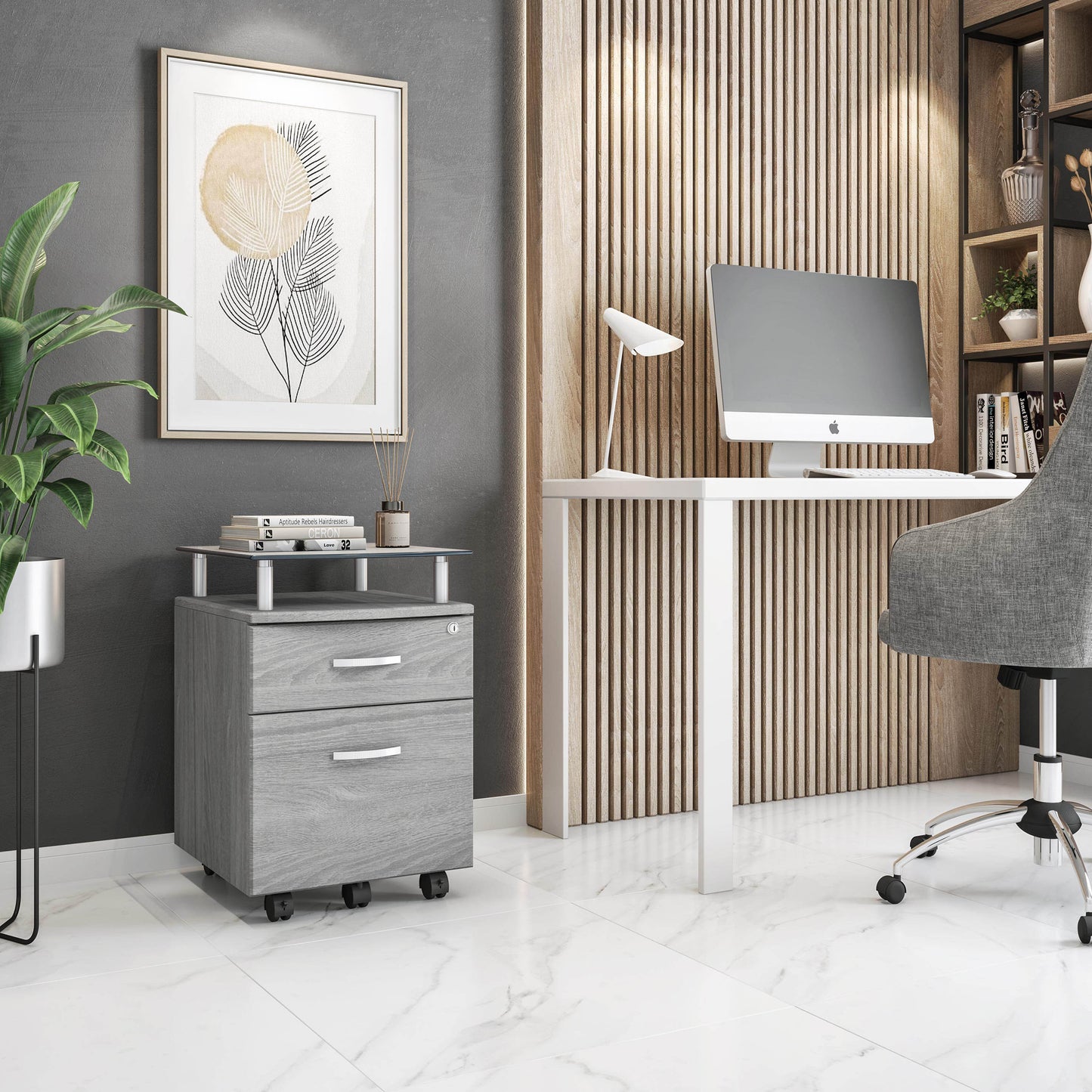 Grey Rolling File Cabinet with Glass Top