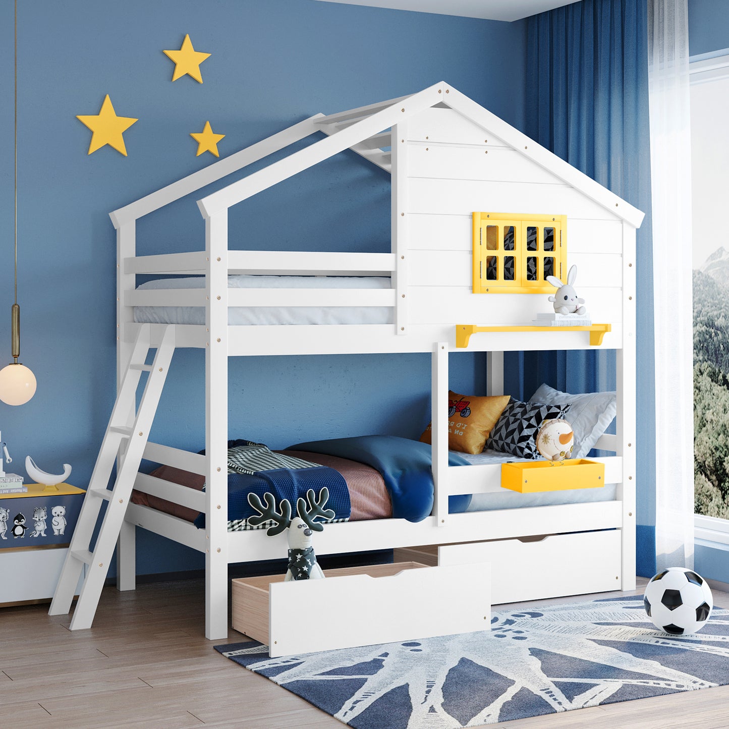 White Playhouse-Inspired Twin Bunk Bed with Storage and Roof