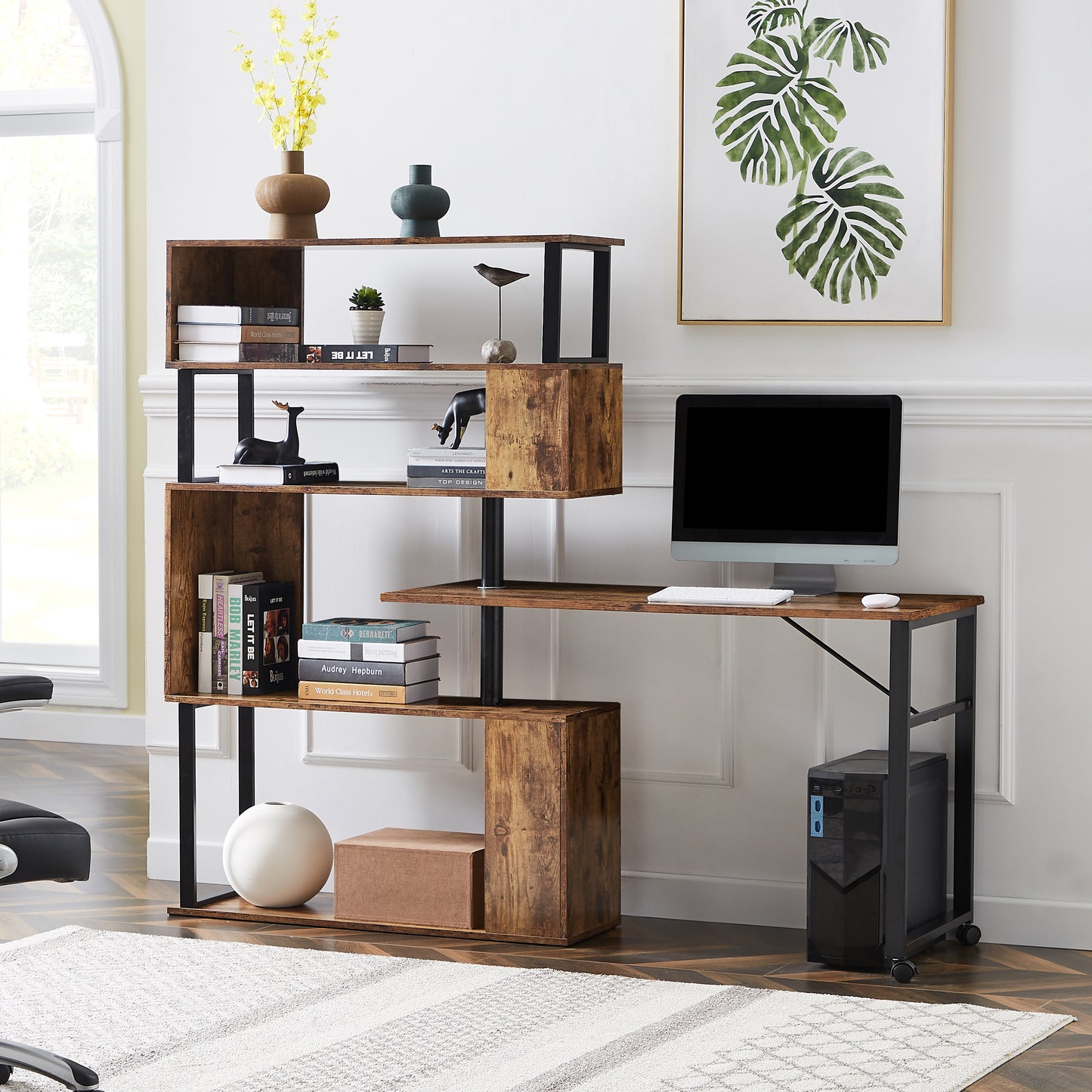 Modern L-Shaped Computer Desk with Rotating Bookshelf - Brown Tiger Wood