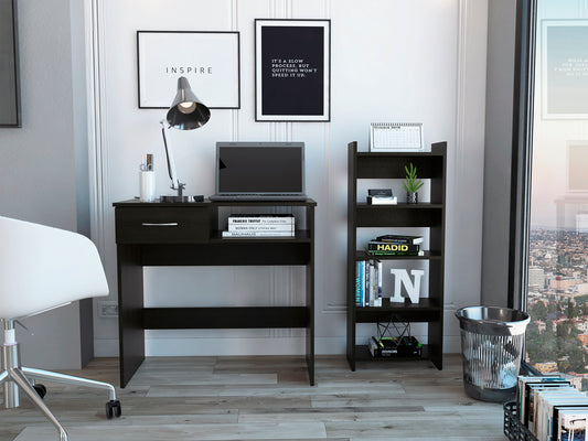 Modern Black Home Office Desk and Bookcase Set with Drawer and 7 Shelves