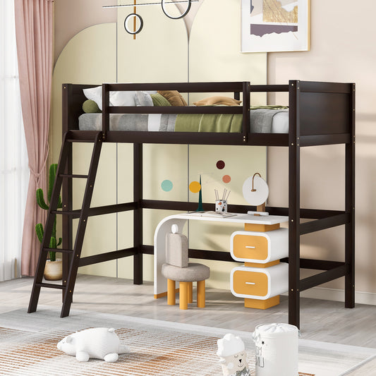 Solid Wood Twin Size Loft Bed with Ladder(Espresso)(: WF191903AAP)