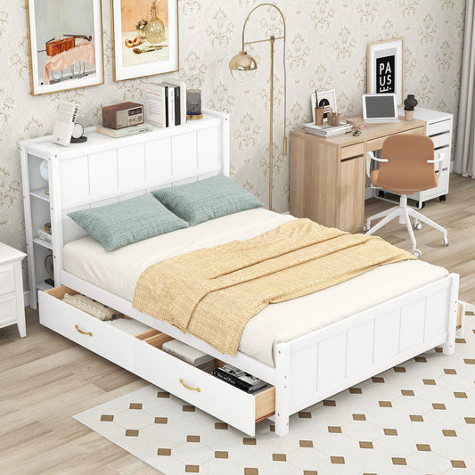 Full Size Platform Bed with Drawers and Storage Shelves, White