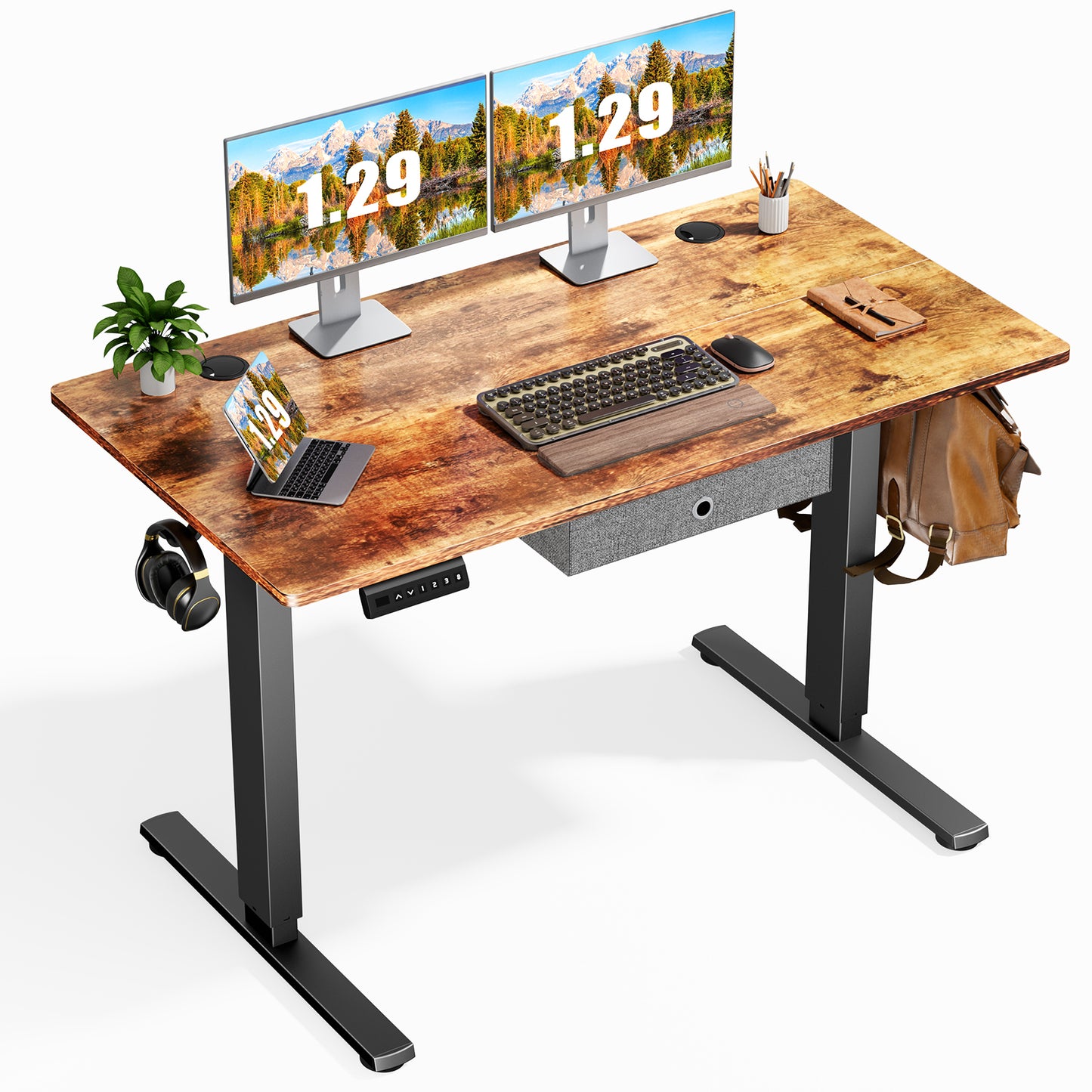 Rustic Brown Electric Standing Desk with Spacious Drawer and Memory Height Presets, 48 x 24 Inches