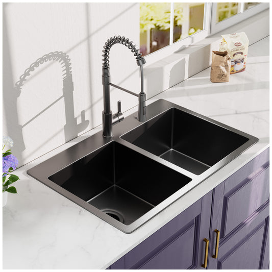 Gunmetal Black Double Bowl Topmount Kitchen Sink with Faucet