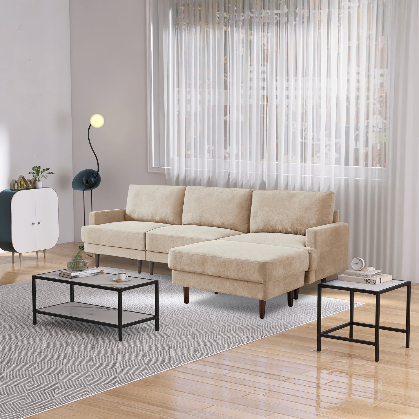 Modern fabric sofa L shape, 3 seater with ottoman-104.6" Beige