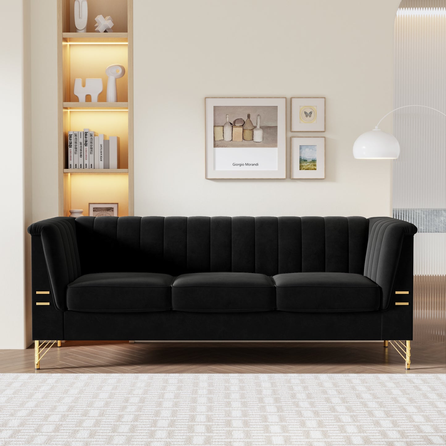 FX-P82-BK(SOFA)-Modern Sofa Couches for Living Room, 82.67Inches Velvet Velvet Tight Back Chesterfield design Couch Upholstered Sofa with Metal Legs Decor Furniture for Bedroom