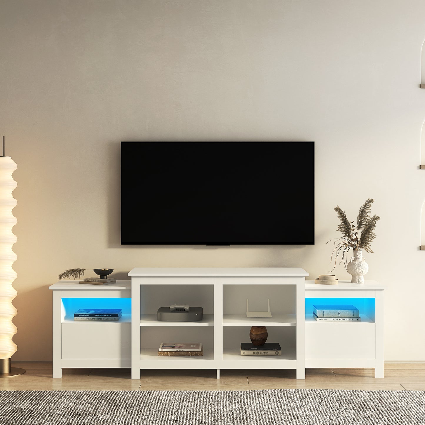 Modern White LED TV Stand with Remote Control Lights and Storage for 85 inch TV