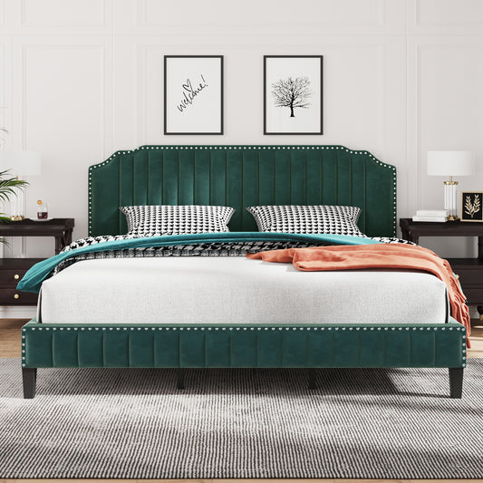 Modern Velvet Curved Upholstered Platform Bed , Solid Wood Frame , Nailhead Trim, Green (King)