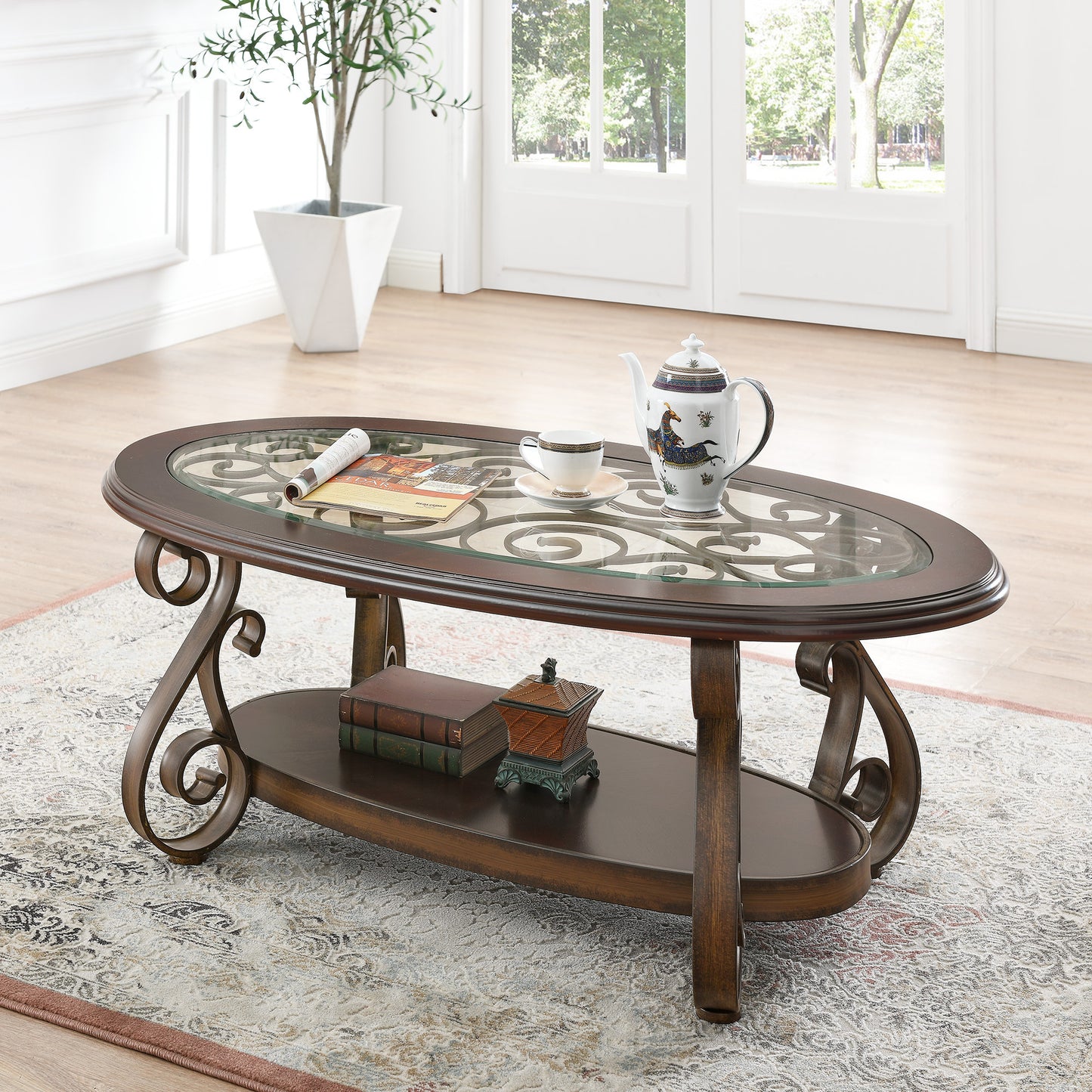 Elegant Dark Brown Coffee Table with Glass Top and Metal Legs (52.5X28.5X19.5)