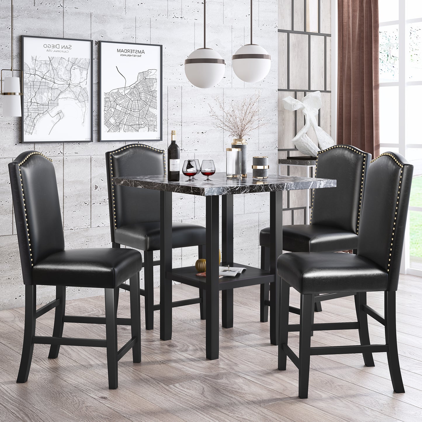 5 Piece Dining Set with Matching Chairs and Bottom Shelf for Dining Room, Black Chair+Black Table