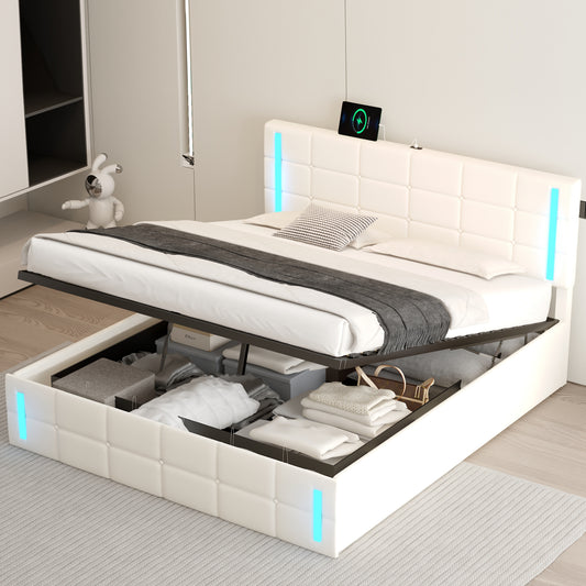 Queen Size Upholstered Bed with LED Lights,Hydraulic Storage System and USB Charging Station,White